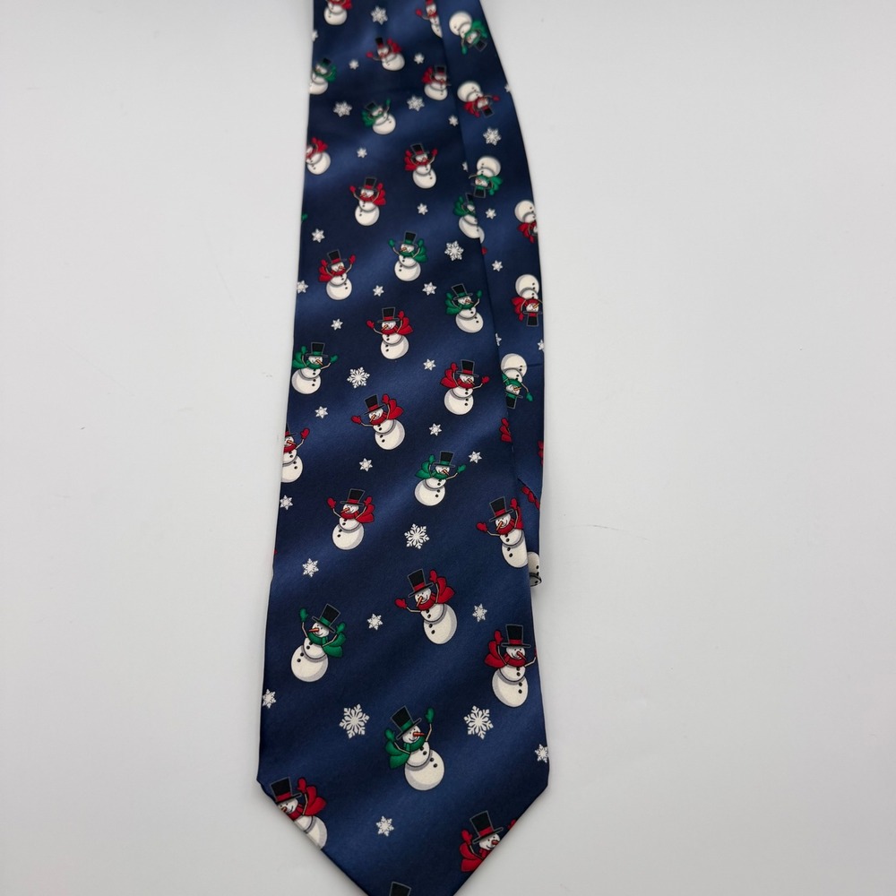 Holidays Mens Silk Tie Navy Blue Snowman Snowflake Christmas Winter Necktie